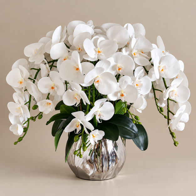Prabangi dirbtinių 10 orchidėjų kompozicija sidabrinėje vazoje 