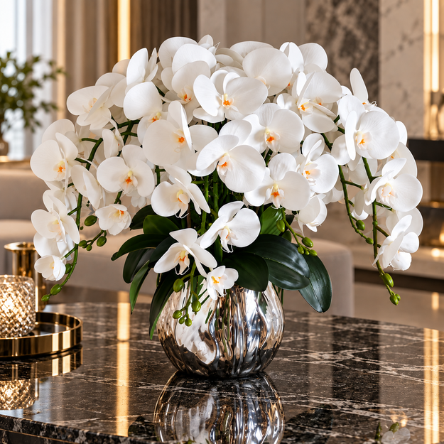 Prabangi dirbtinių 10 orchidėjų kompozicija sidabrinėje vazoje 