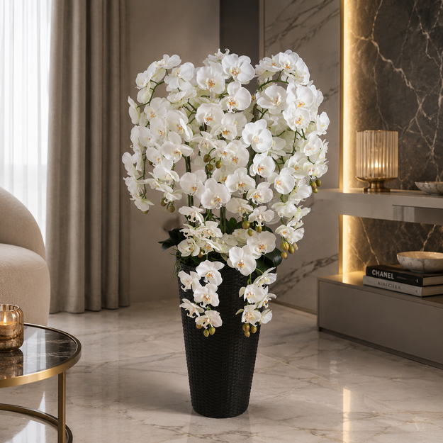 Prabangi dirbtinių baltų orchidėjų kompozicija aukštoje vazoje