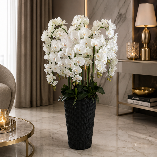 Prabangi dirbtinių baltų orchidėjų kompozicija aukštoje vazoje
