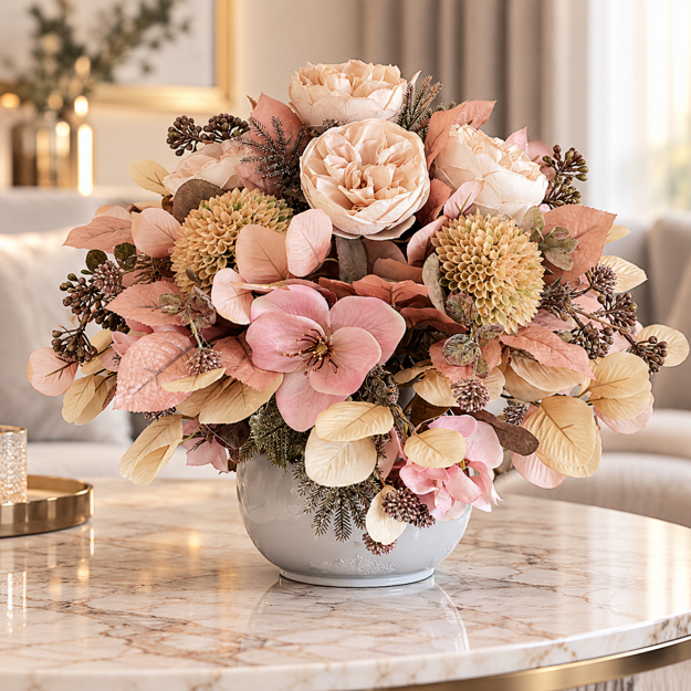 Dirbtinių gėlių kompozicija su rožėmis ir magnolija pilkoje vazoje