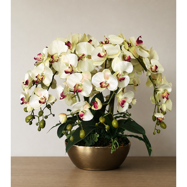 Prabangioji orchidėjų kompozicija aukso dubenyje