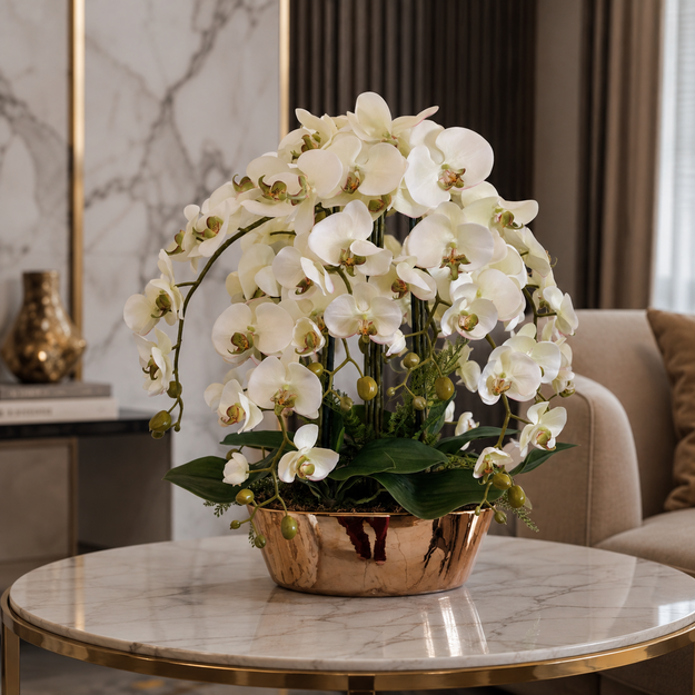 Prabangi baltų dirbtinių orchidėjų kompozicija aukso spalvos vazone 
