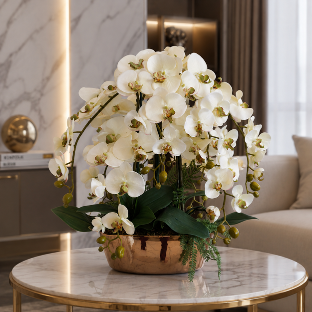 Prabangi baltų dirbtinių orchidėjų kompozicija aukso spalvos vazone 