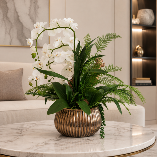 Prabangi dirbtinių baltų orchidėjų kompozicija bronzinėje vazoje su dekoratyvine mediena