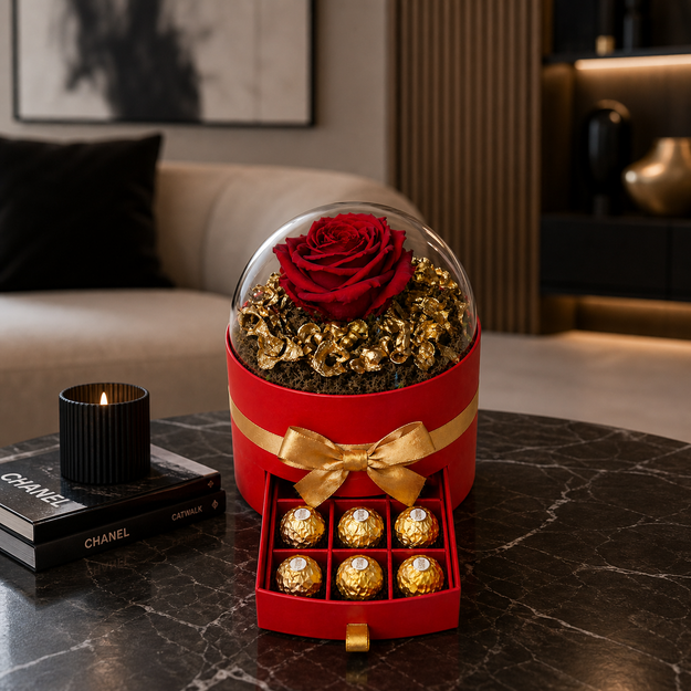 Prabangi dovanų dėžutė su stabilizuota rože ir 8 Ferrero Rocher saldainiais – elegantiška romantinė dovana