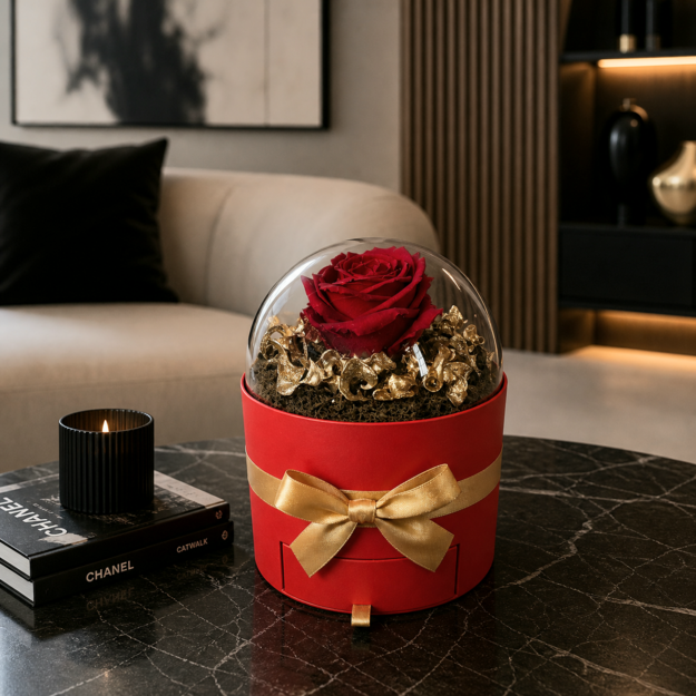 Prabangi dovanų dėžutė su stabilizuota rože ir 8 Ferrero Rocher saldainiais – elegantiška romantinė dovana