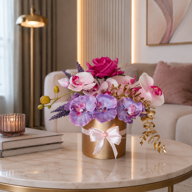 Vienpusė dirbtinių gėlių kompozicija su orchidėjomis ir rožėmis