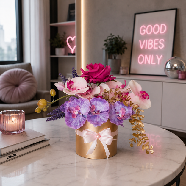 Vienpusė dirbtinių gėlių kompozicija su orchidėjomis ir rožėmis