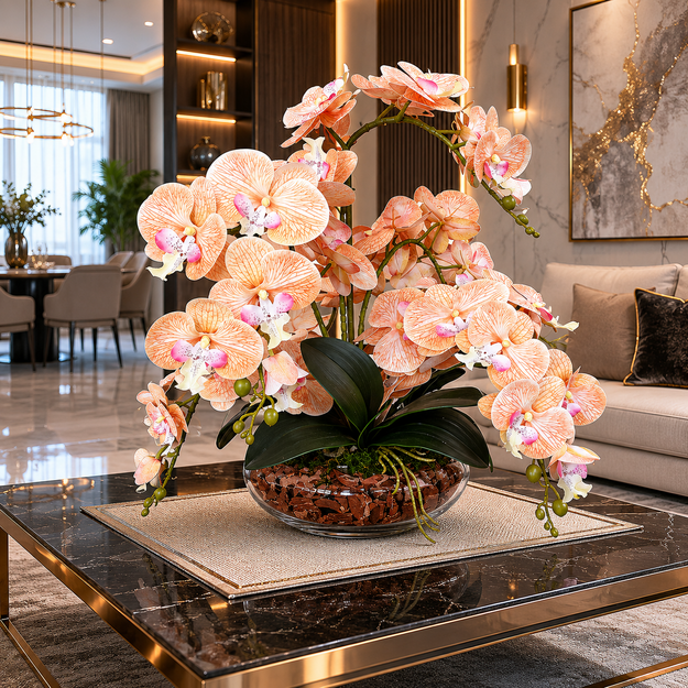 Dirbtinių orchidėjų kompozicija Persikinė Orchidėjų Harmonija