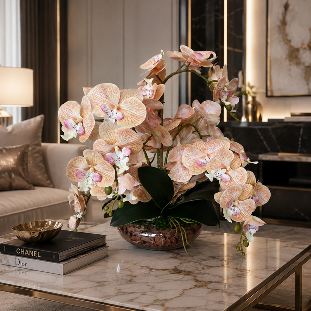 Dirbtinių orchidėjų kompozicija Persikinė Orchidėjų Harmonija