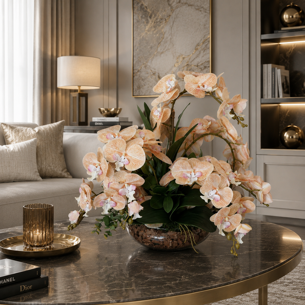 Dirbtinių orchidėjų kompozicija Persikinė Orchidėjų Harmonija