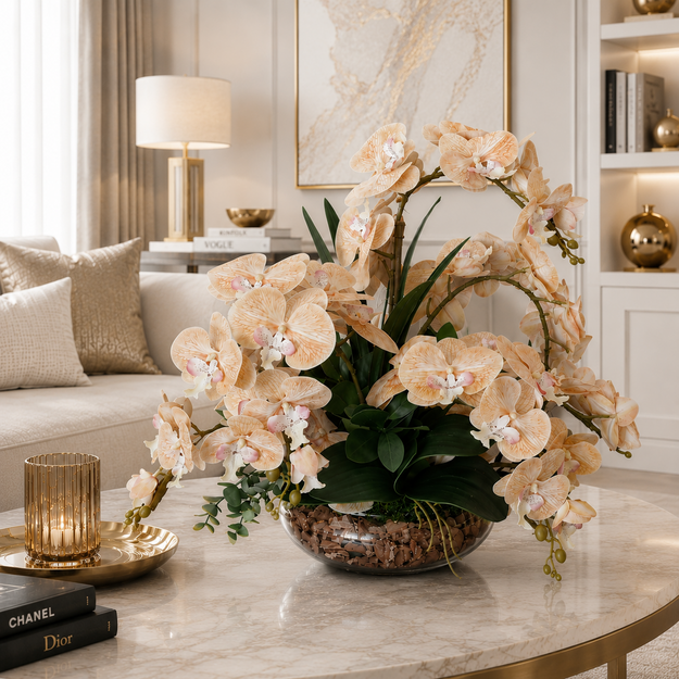 Dirbtinių orchidėjų kompozicija Persikinė Orchidėjų Harmonija