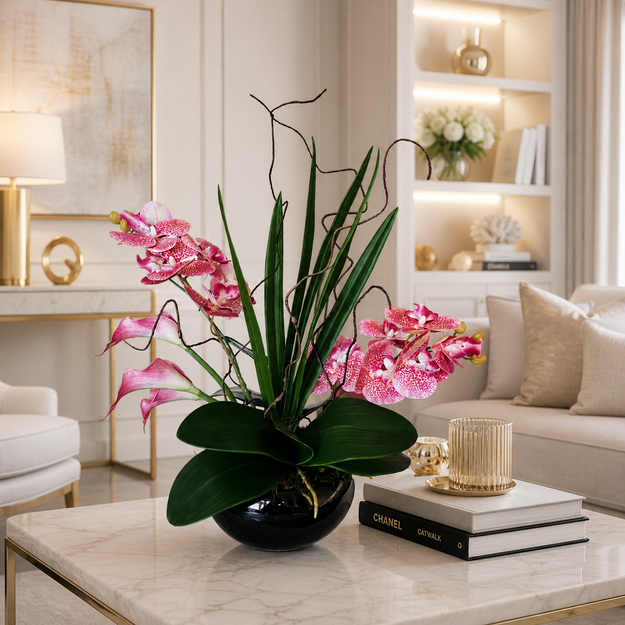 Prabangi dirbtinių orchidėjų ir kalijų kompozicija vazone – moderni interjero dekoracija svetainei