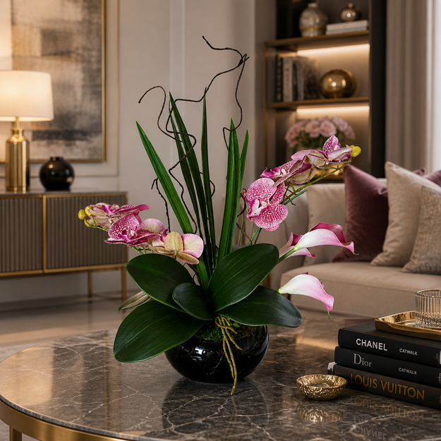 Prabangi dirbtinių orchidėjų ir kalijų kompozicija vazone – moderni interjero dekoracija svetainei