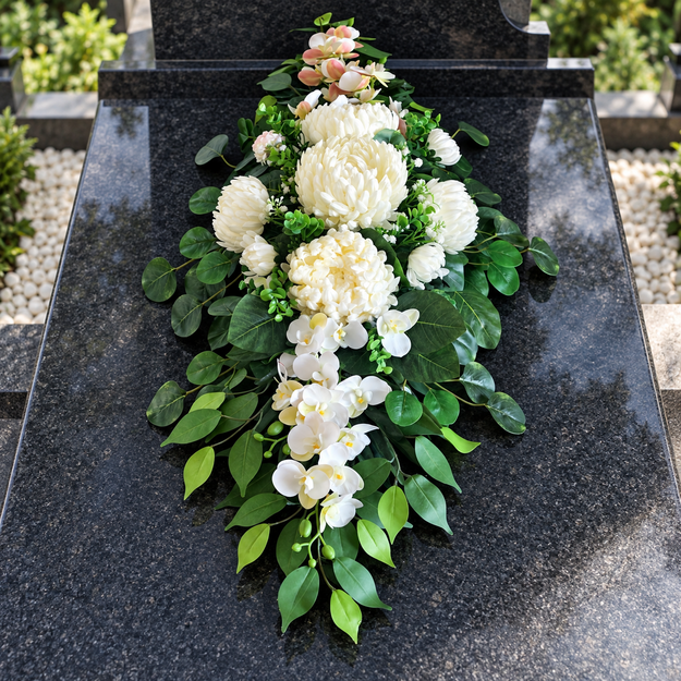 Balta dirbtinių gėlių kapų kompozicija su chrizantemomis ir orchidėjomis 