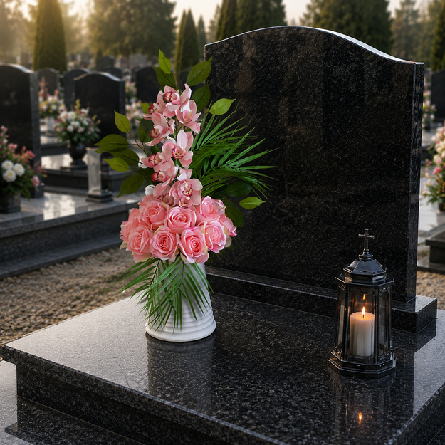Prabangi dirbtinių rožių ir orchidėjų kapų kompozicija