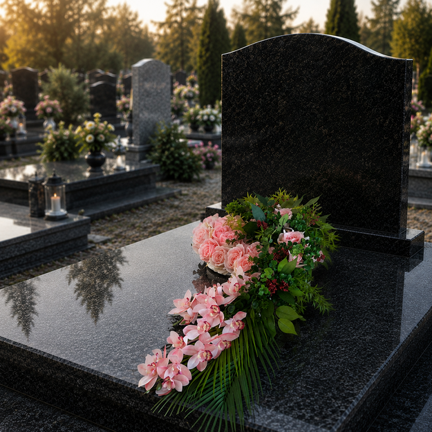 Prabangi dirbtinių rožių ir orchidėjų kapų kompozicija