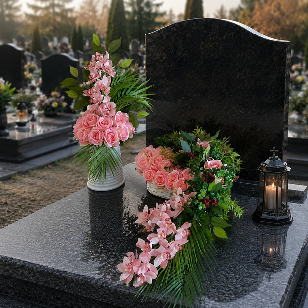 Prabangi dirbtinių rožių ir orchidėjų kapų kompozicija