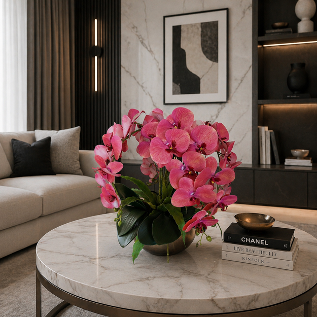 Rožinė Elegancija – dirbtinių orchidėjų kompozicija auksiniame vazone