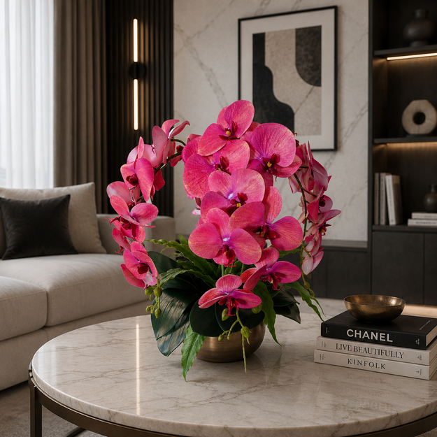 Rožinė Elegancija – dirbtinių orchidėjų kompozicija auksiniame vazone