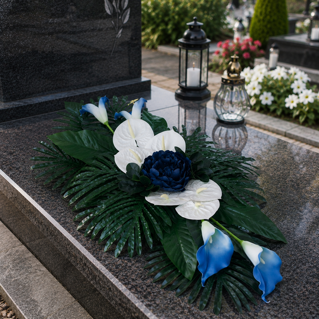 Prabangi dirbtinių gėlių kompozicija kapams su mėlynomis kalijomis, baltais anturiais ir bijūnu